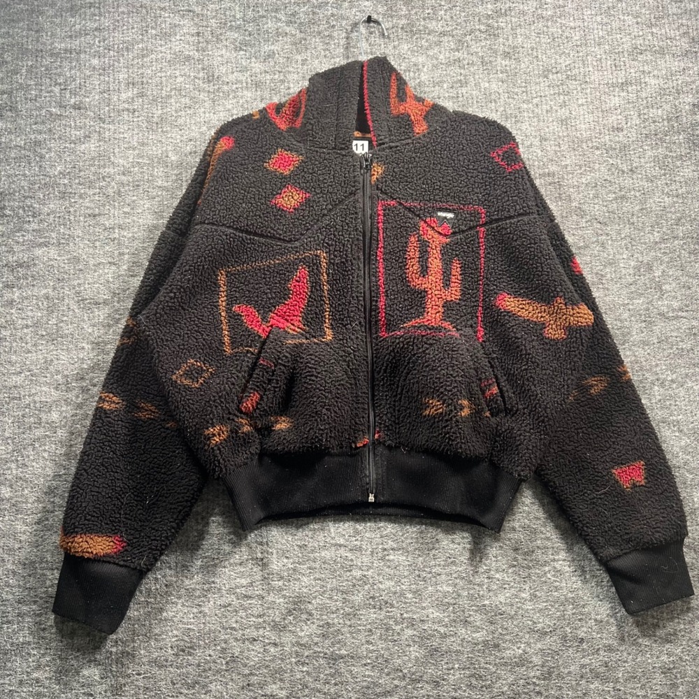 Wrangler Southwestern Sherpa Fleece Zip Up Hoodie Cactus Eagle Black Red Small